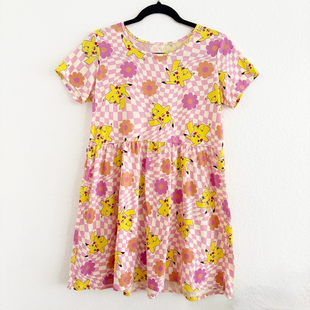 Pokemon Pink and Yellow Pikachu Daisy Checkered Crew Neck Sundress